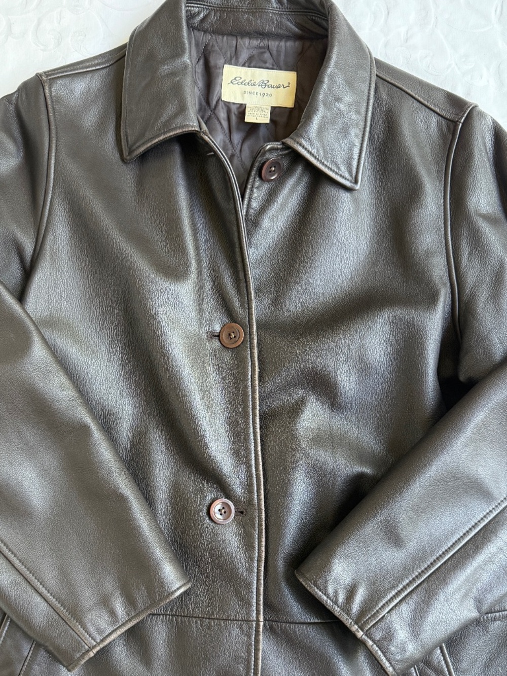Women’s Quilted-Lined Leather Car Coat Eddie Bauer Dark Brown Sz L
